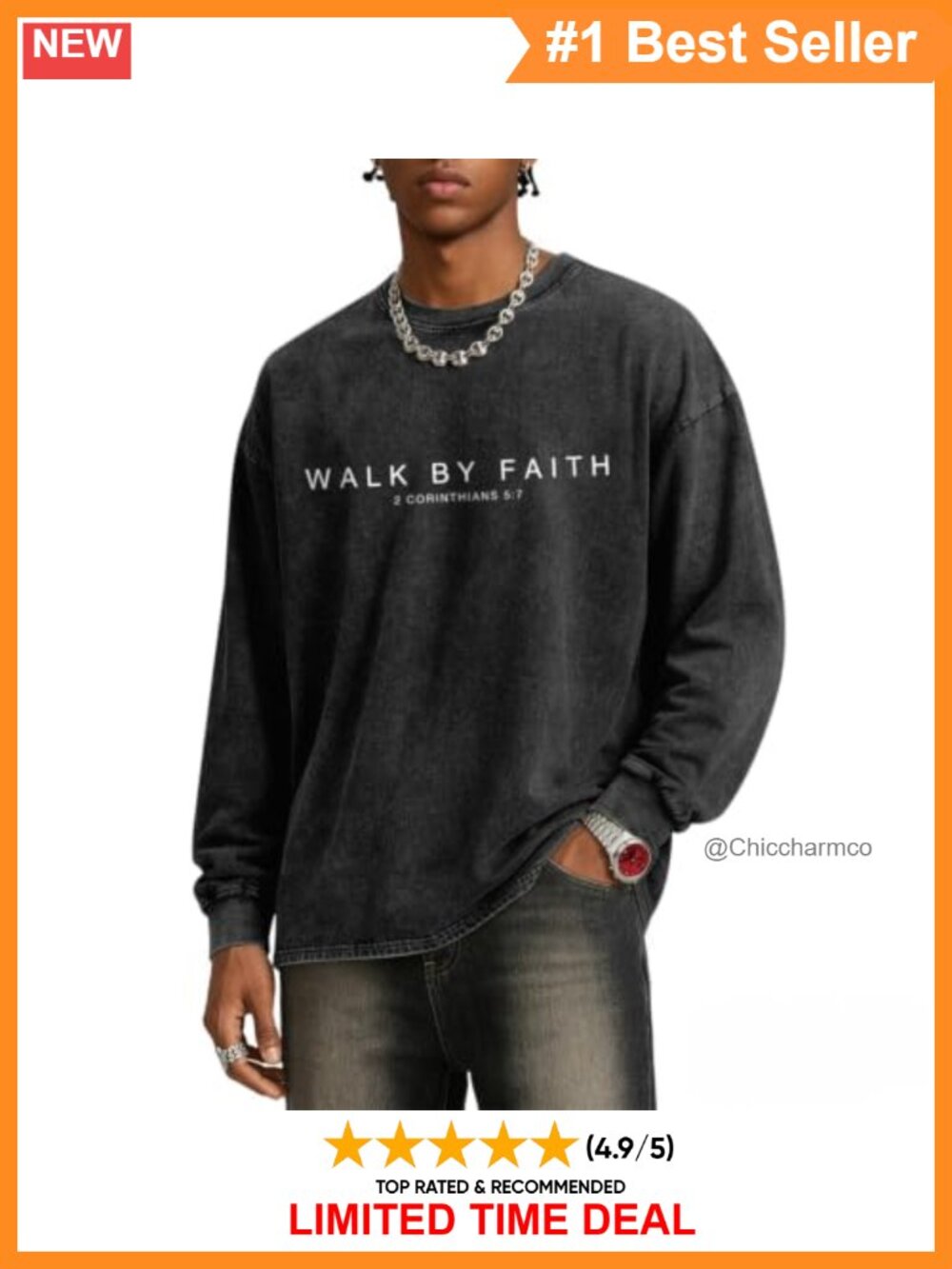 Mens Christian Long Sleeve T Shirt Oversized Walk By Faith Bible Verse Acid